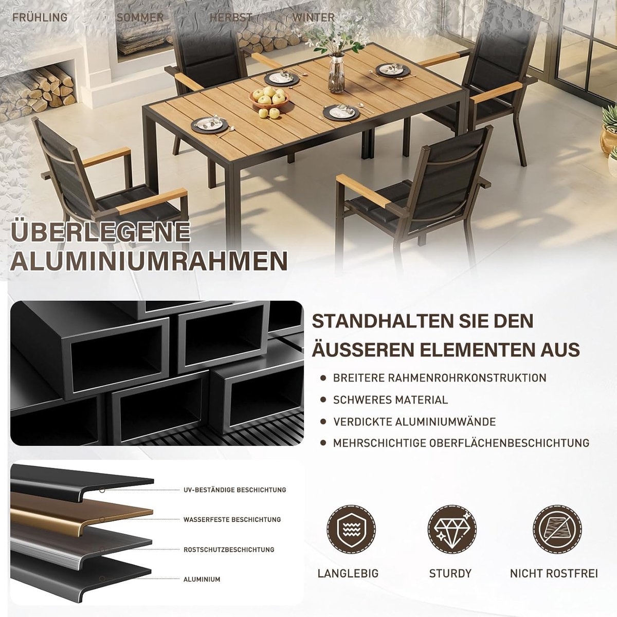 Tuinmeubelset 4 Personen 150x80x72 cm – Aluminium Tuintafel met 4 Stapelbare Stoelen – Weerbestendig, Onderhoudsvrij, Houtlook Armleuningen, PS Kunststof Tafelblad – Bruin – Nicolehome