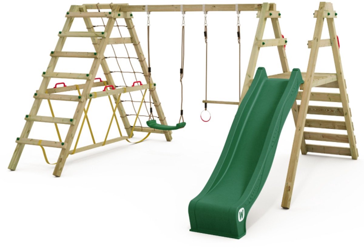 Wickey Smart Shake Speeltoestel - Schommel en Trapeze met Glijbaan - Klimaanbouw & Evenwichtsbalk - 379x378x211 cm - Groen