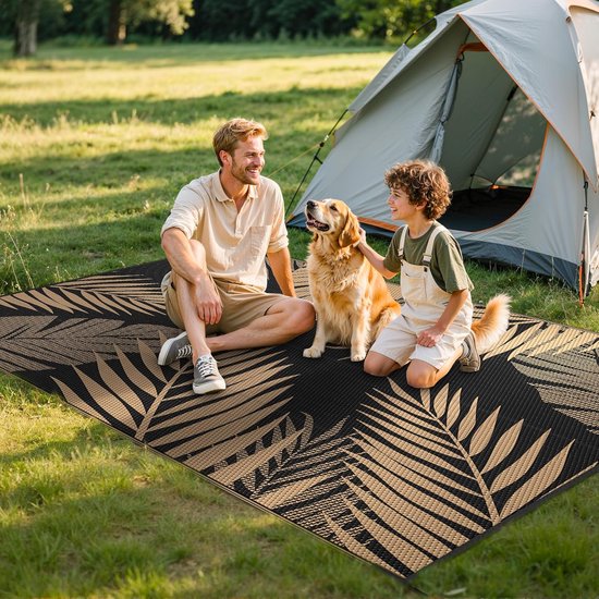 Buitentapijt Omkeerbaar - Campingmat Picknickkleed - Buiten Leven - Waterdicht & Makkelijk Schoon - 240x300 cm - Bladmotief Zwart Bruin — afbeelding 4