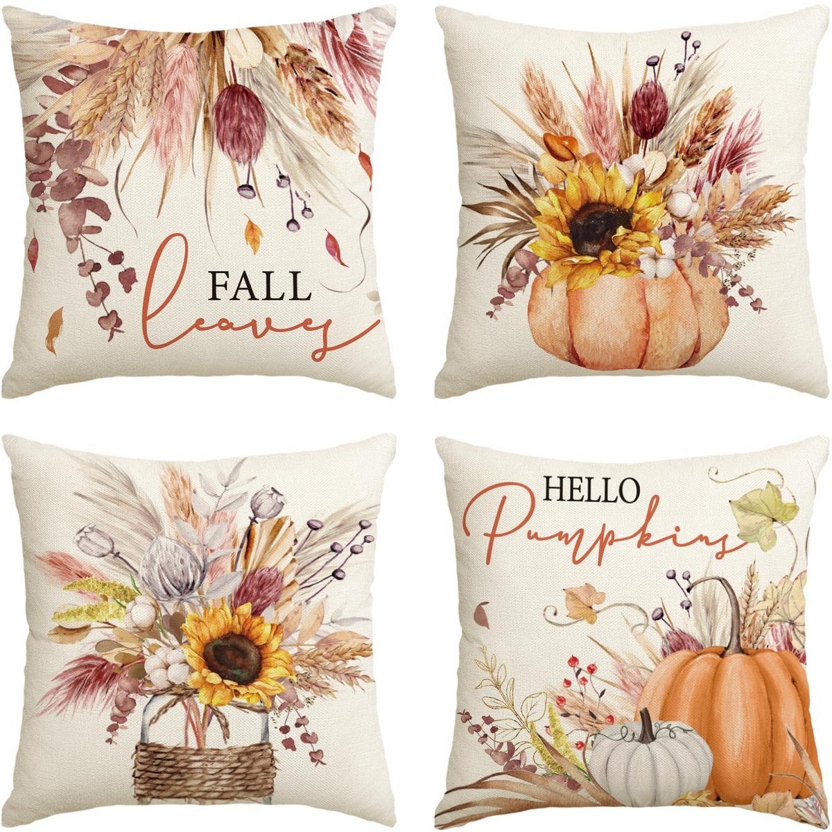 Golden crown - Zonnebloemen - Herfst kussenslopen - Sierkussensloop set - Oranje - Woondecoratie - 4-delige set - Geschikt voor woonkamer