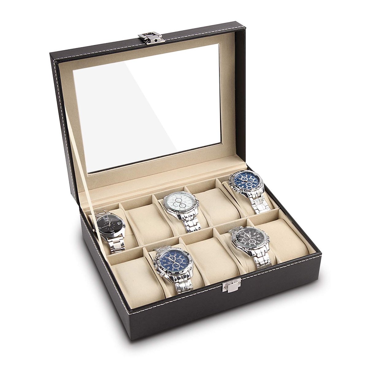 VT Goods - Horlogeopbergdoos - Horlogedoos voor 10 horloges - PU-leer - Zwart - Horlogevitrine met glazen deksel - Geschikt voor heren en dames