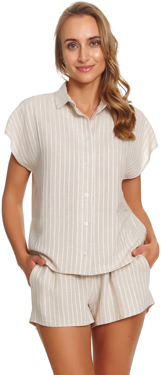 Doctor Nap Viscose Linnen Pyjama Zomer Shortama Dames Gestreepte Blouse Korte Broek PM.7437 Natural 42 / Beige
