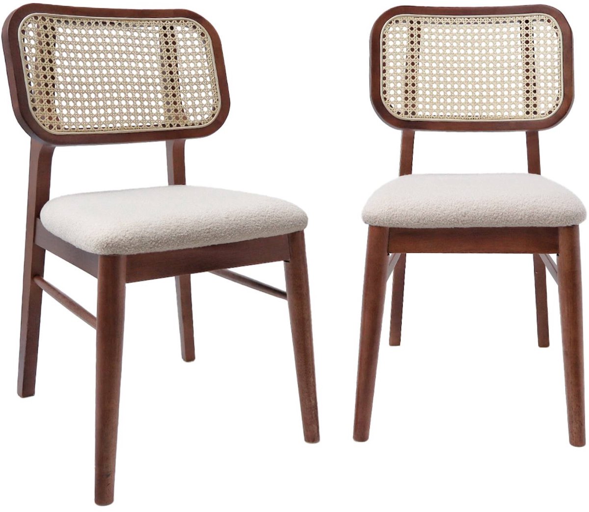 sweeek - Set van 2 vintage stoelen van rubberhout en vlechtwerk met bouclé - mani