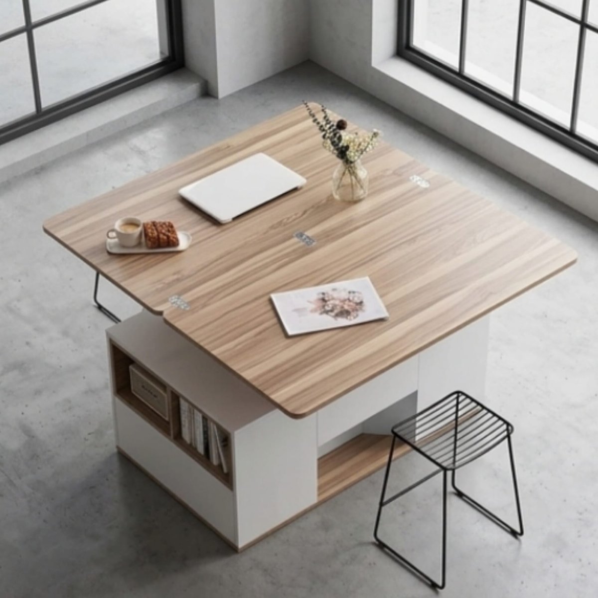 Salontafel 100x51x47 cm – moderne lift-up koffietafel met laden en schuifdeuren – multifunctionele opbergtafel voor woonkamer – wit/origineel houtkleur – Urbanhome