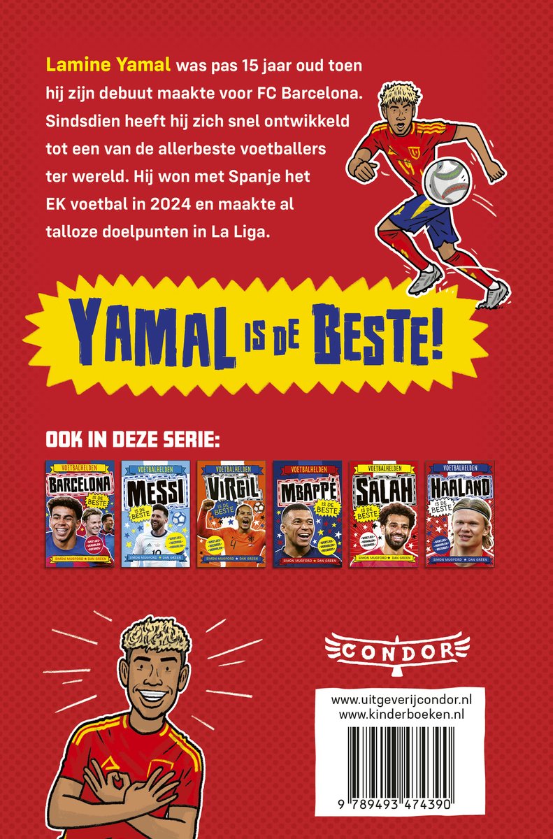 Achterkant van het boek "Voetbalhelden Yamal is de beste" met tekst en een tekening.