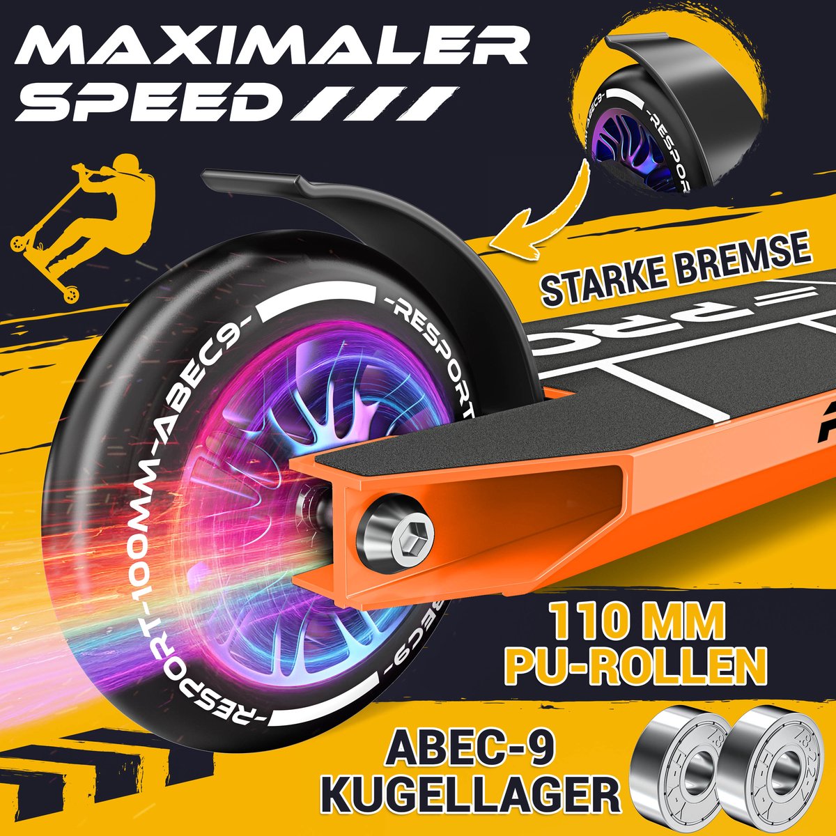 RE:SPORT Phoenix Stuntstep, voor kinderen en volwassenen, met standaard, 110 mm, PU-wielen en Y-bar, ABEC 9 kogellagers, step