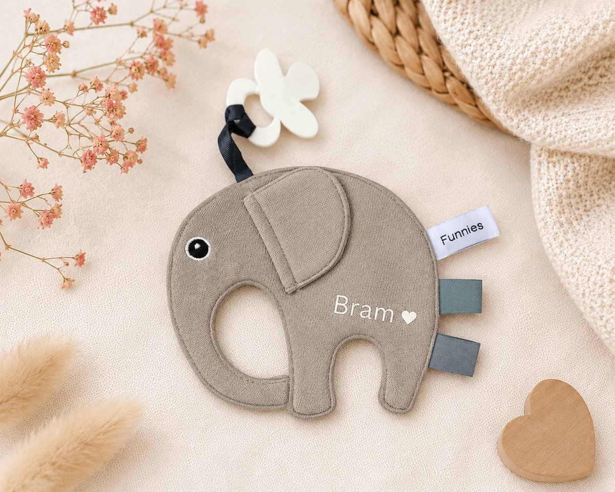 Speendoekje Olifant met Naam – Gepersonaliseerde Tutpop Baby – Knuffeldoekje met Bijtring – Kraamcadeau Jongen/Meisje