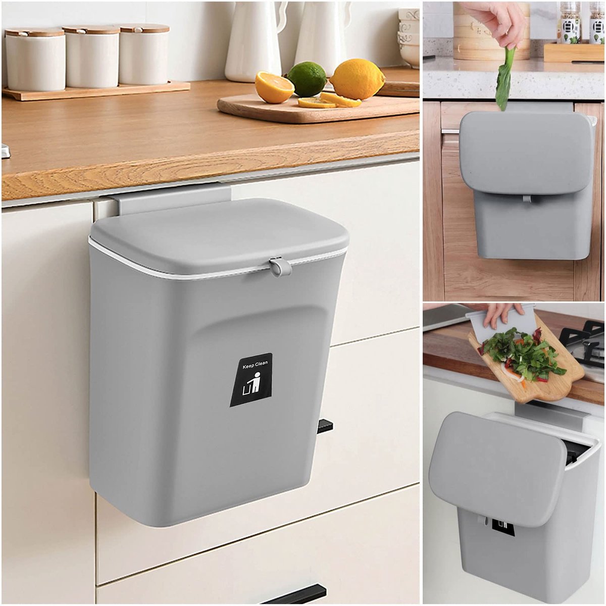 Dailygoods - Dailygoody - Keukenafvalbak - Hangende Prullenbak - Compact en Handig - Grijs - 9 Liter - Ideaal voor Keuken en Slaapkamer - Ruimtebesparend