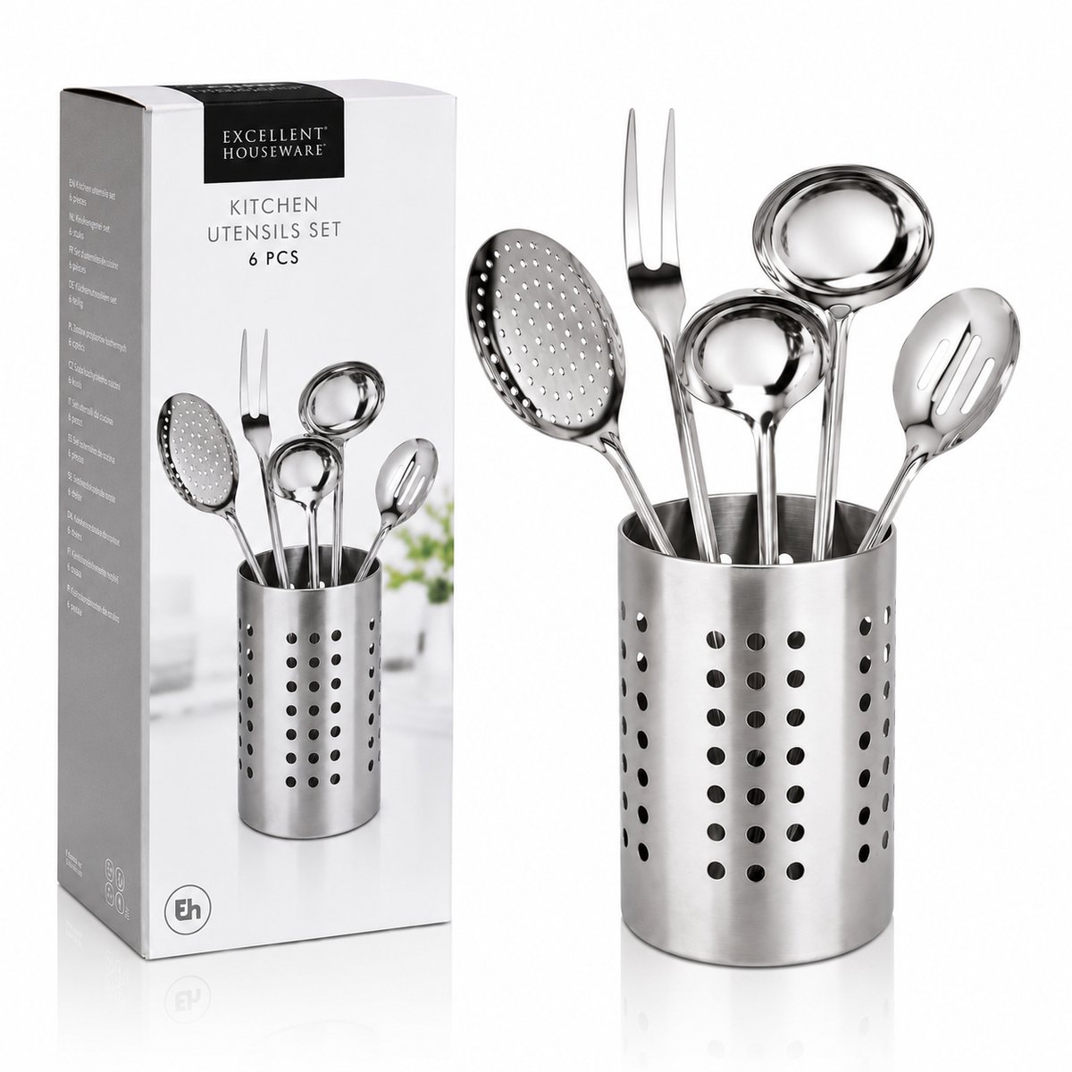 EasyMart RVS Keukengerei Set 6-Delig – Luxe Roestvrijstalen Keukenhulpen met Houder – Kookgerei Set voor Keuken – Soeplepel, Schuimspaan, Pastalepel & Opscheplepel – Modern Zilver Design – Duurzaam Keukengerei