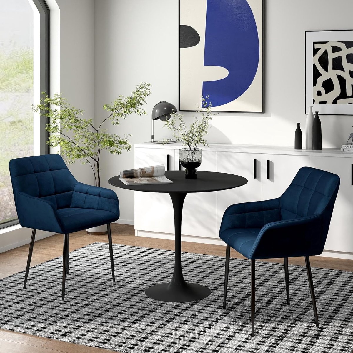 House&Garde Veloura Luxe Velvet Eetkamerstoelen met Armleuningen Set van 6 – Moderne Keukenstoelen met Zachte Bekleding, Metalen Poten en Comfortabele Zitting 58 x 47 x 83 cm Blauw wit