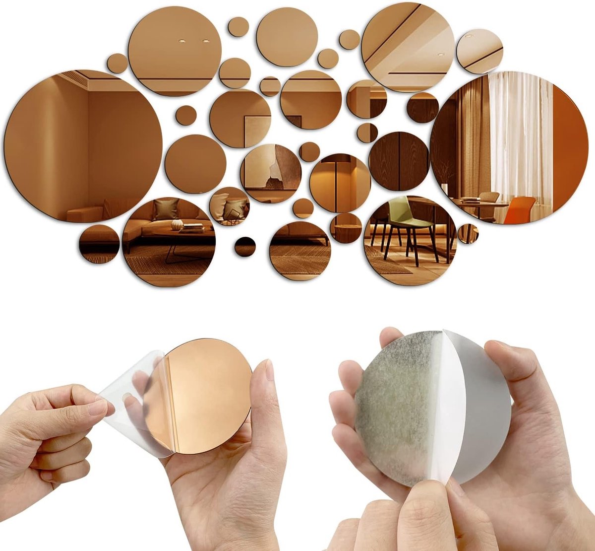 Ronde Acryl Spiegel Wandstickers - 32 Stuks - Verwijderbare DIY Decoratie voor Thuis, Slaapkamer en Achtergrond in Champagne Goud