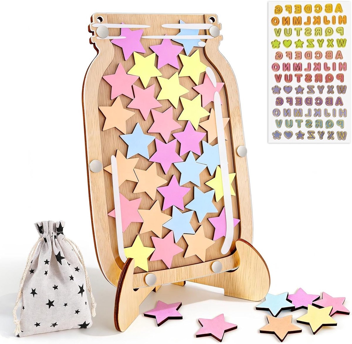 Magnetisch Sterrenbeloningssysteem voor Kinderen - 30 Sterren - Verantwoordelijkheid - 20 x 13 cm - Beloningspot met Houten Houder en Weekplanner voor Gedragsroutine