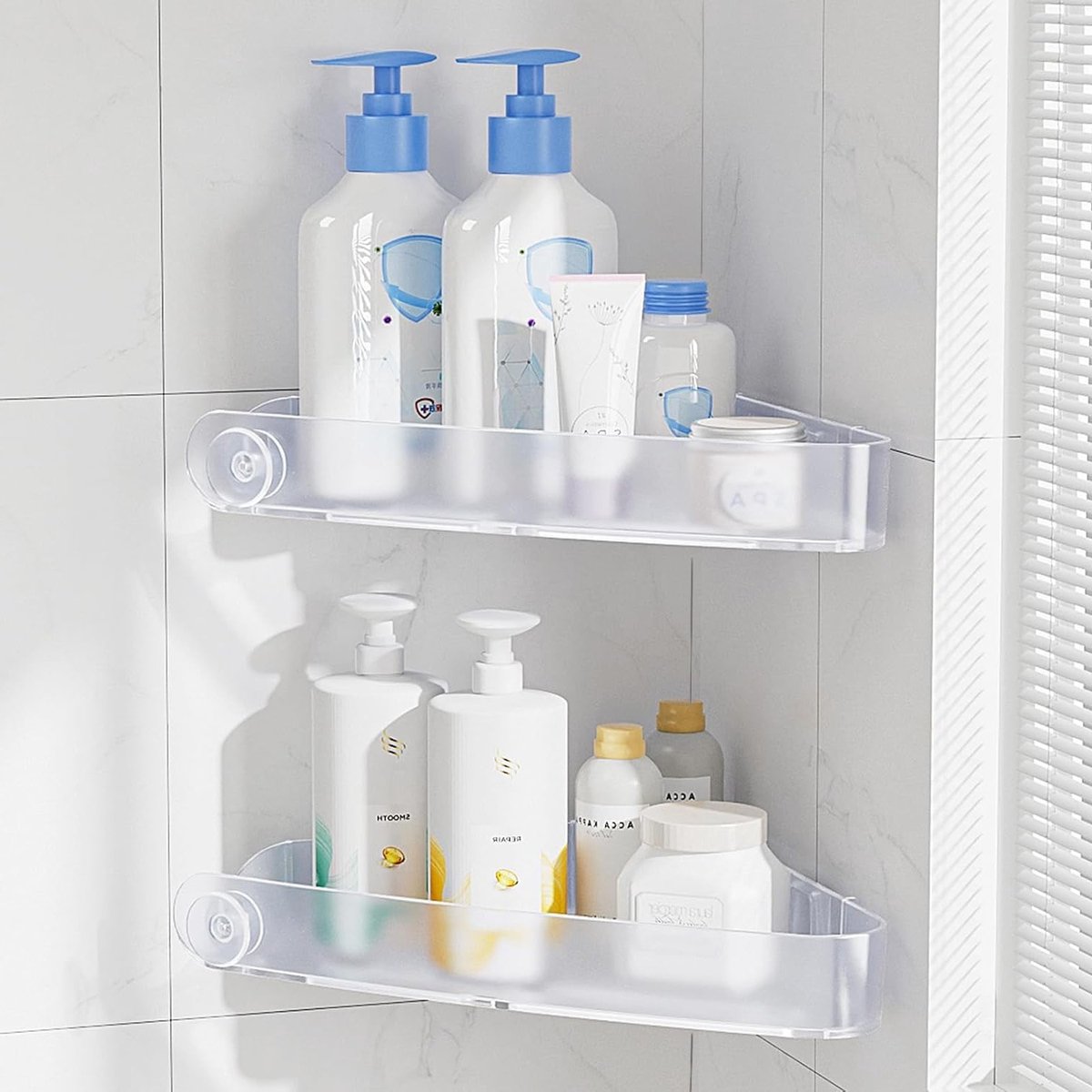 Set van 2 Hoekige Douchehouders met Enkele Boorgaten en Lijmplaat, Rvs en Kunststof Douche Organizer voor Badkamer, Keuken en Toilet