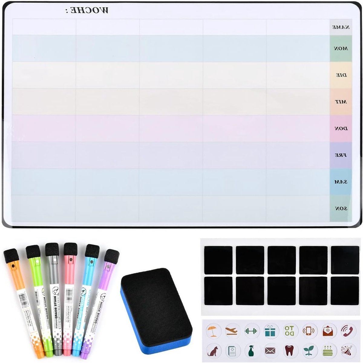 Magnetische Wekelijkse Planner voor het Gezin, Whiteboard, Afwasbaar, Planning Bord, Menu Planning en Boodschappenlijst, Inclusief 6 Markers en Memo Functie