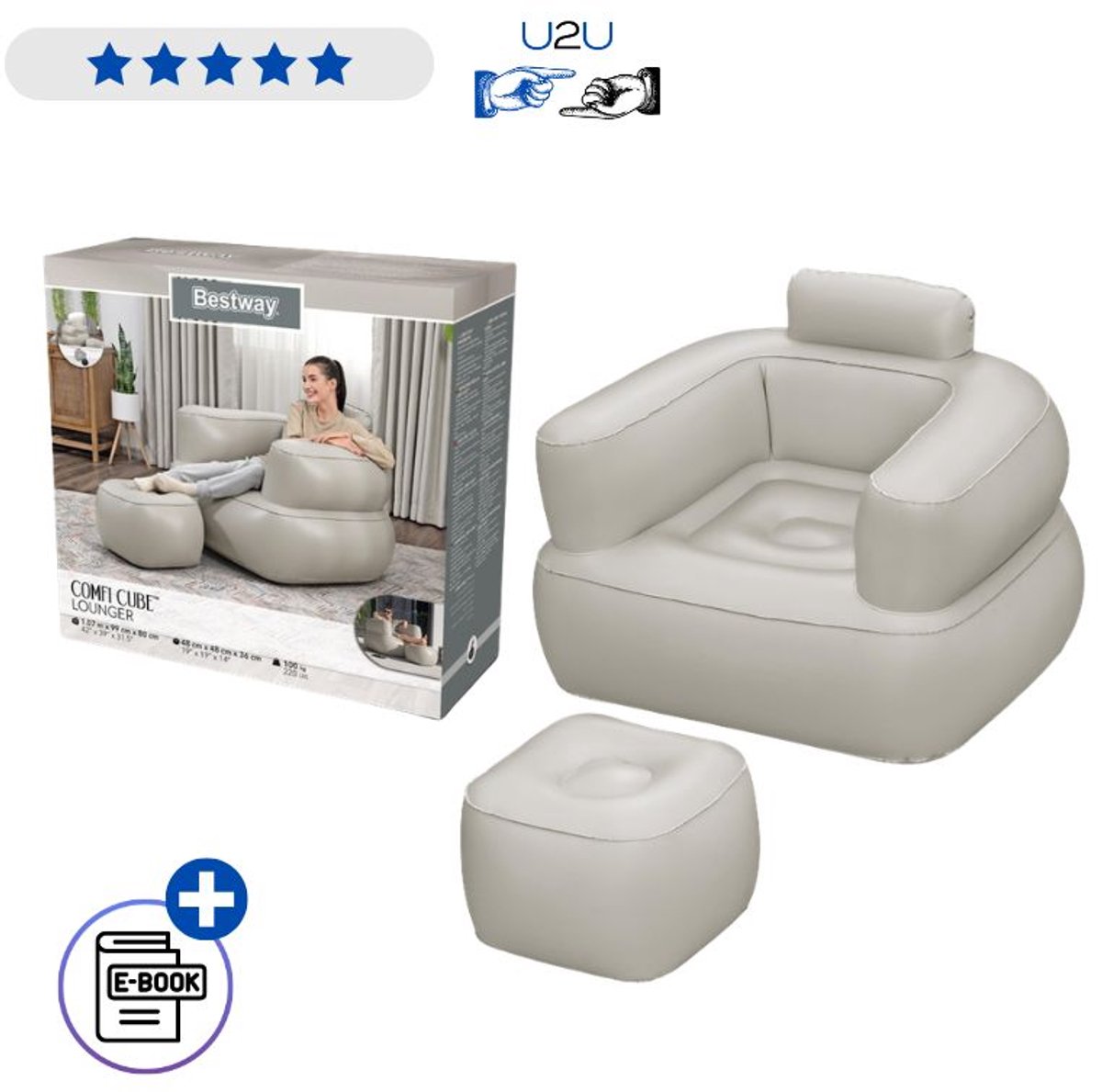Bestway Opblaasbare Stoel 75137 Lichtgrijs - Inflatable Armchair Voor Binnen En Buiten - Comfortabele Lounge Chair Met Zachte Velours Bekleding 107x99x80 cm Voor Camping Met Ebook