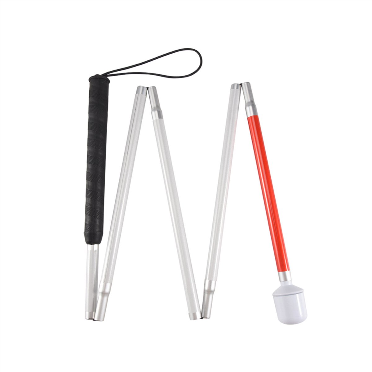 Vierdelige opvouwbare aluminium wandelstok op wielen, Geschikt voor witte wandelstok