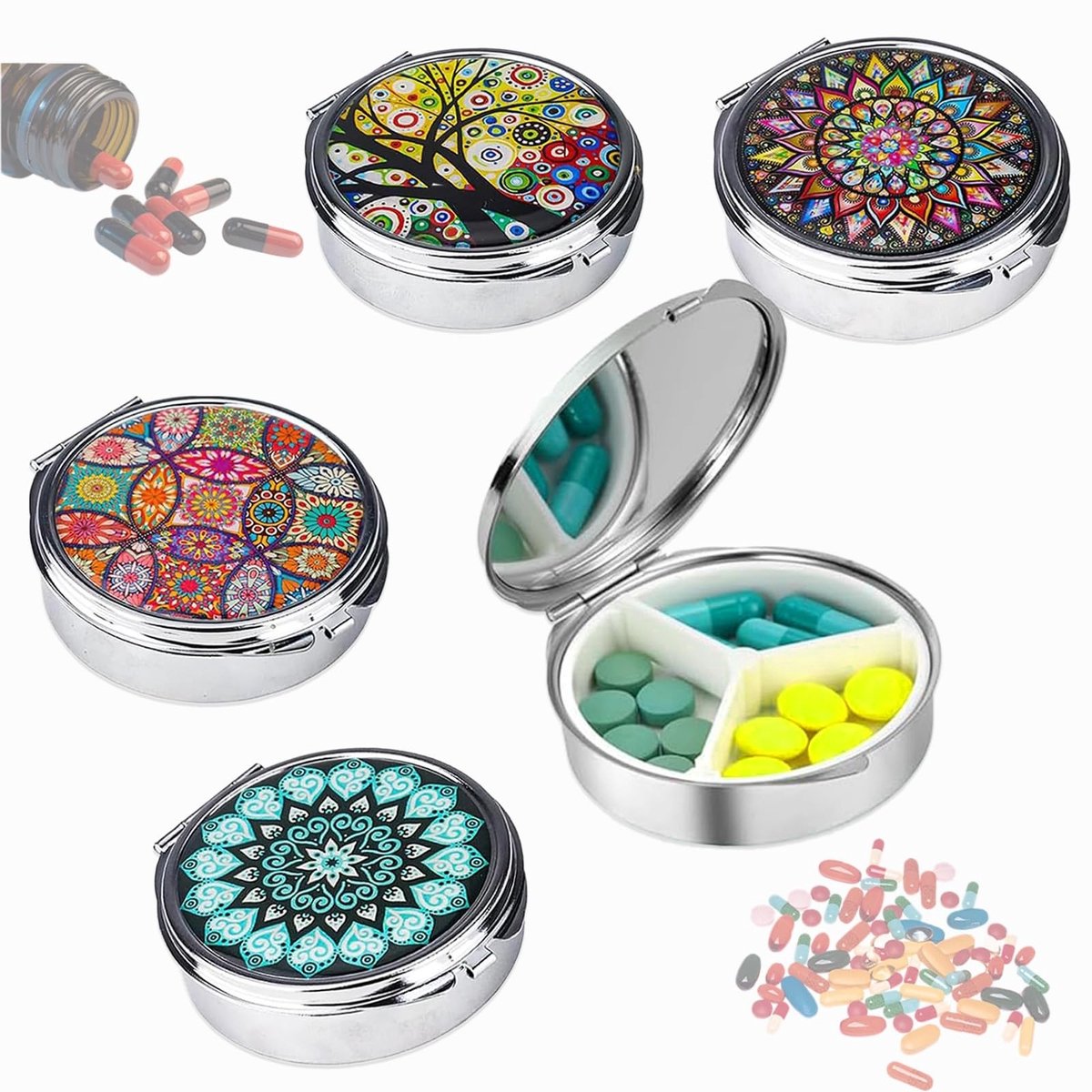 Dailygoods - Dailygoody - Pillendoosjes klein - Decoratieve metalen pillendoos - Compact formaat - 4 stuks - Voor dagelijks gebruik - Reisvriendelijk
