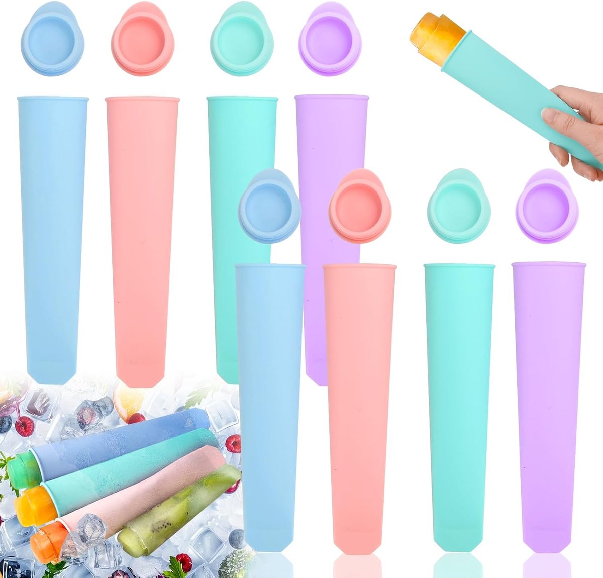 Siliconen ijsvormen - 8 stuks - Herbruikbare ijslollymaker - Lange stok met deksel - Popsicle maker - ijs maken vormpjes - IJsvormpjes - Popsicle zakjes - Zelfgemaakt ijsje - 19*3cm - Voor yoghurt, ijsbonbons, feestfavorieten - 4 kleuren