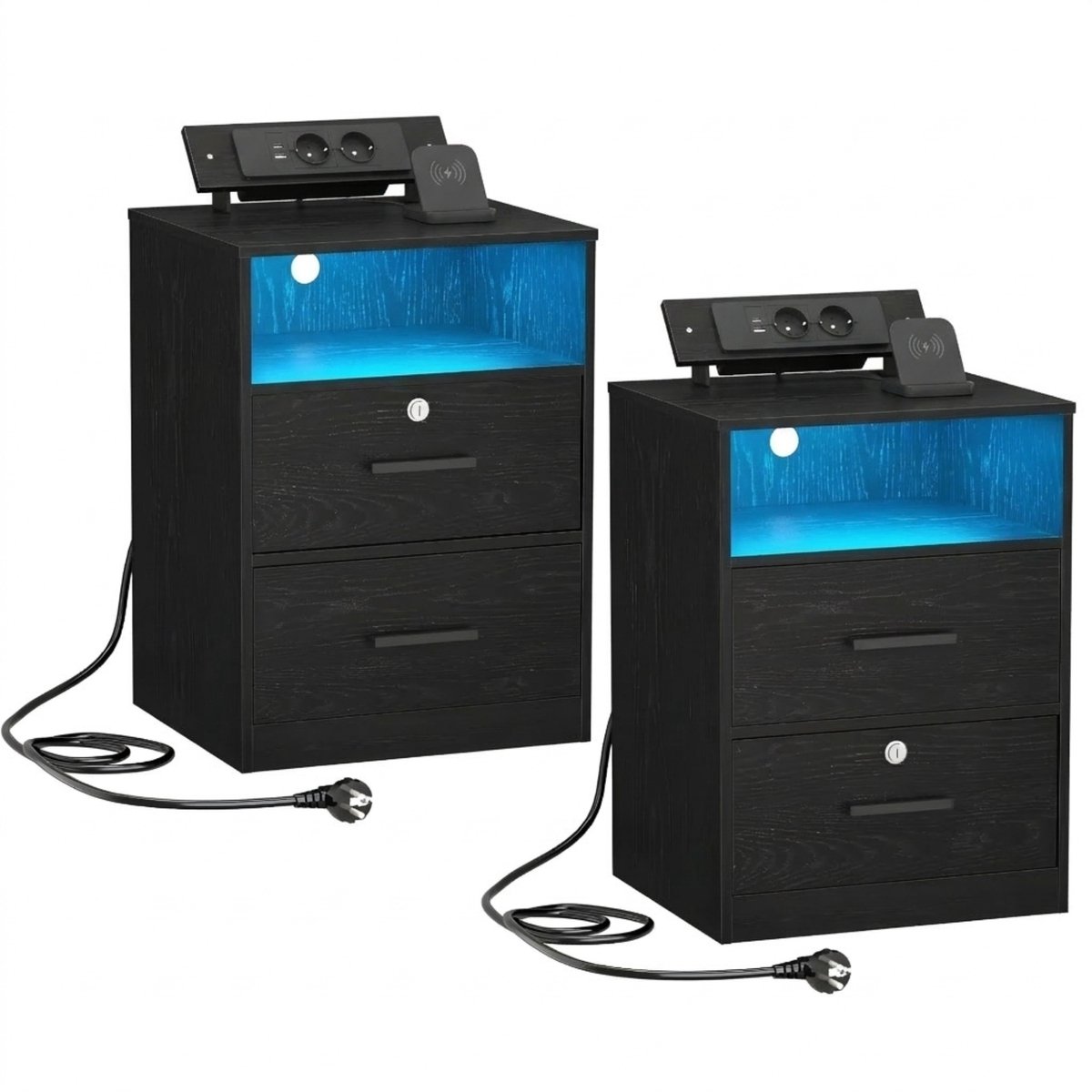Happiq Nachtkastjes Set van 2 – Voor Slaapkamer – Bijzettafels met Oplaadstation, LED-Verlichting, 1 Open Vak en 2 Lades – Zwart Black