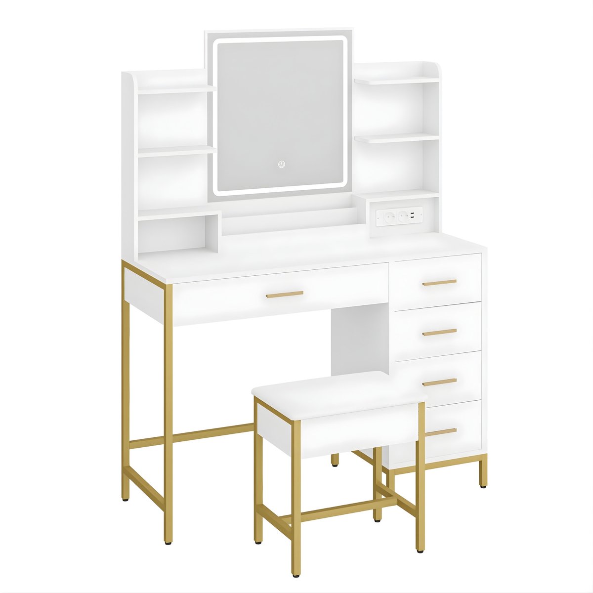 Happiq Kaptafel – Voor Slaapkamer & Dressing – Met Spiegel, LED-Verlichting, Stopcontact en USB, 5 Lades en Open Opbergruimte – Wit White