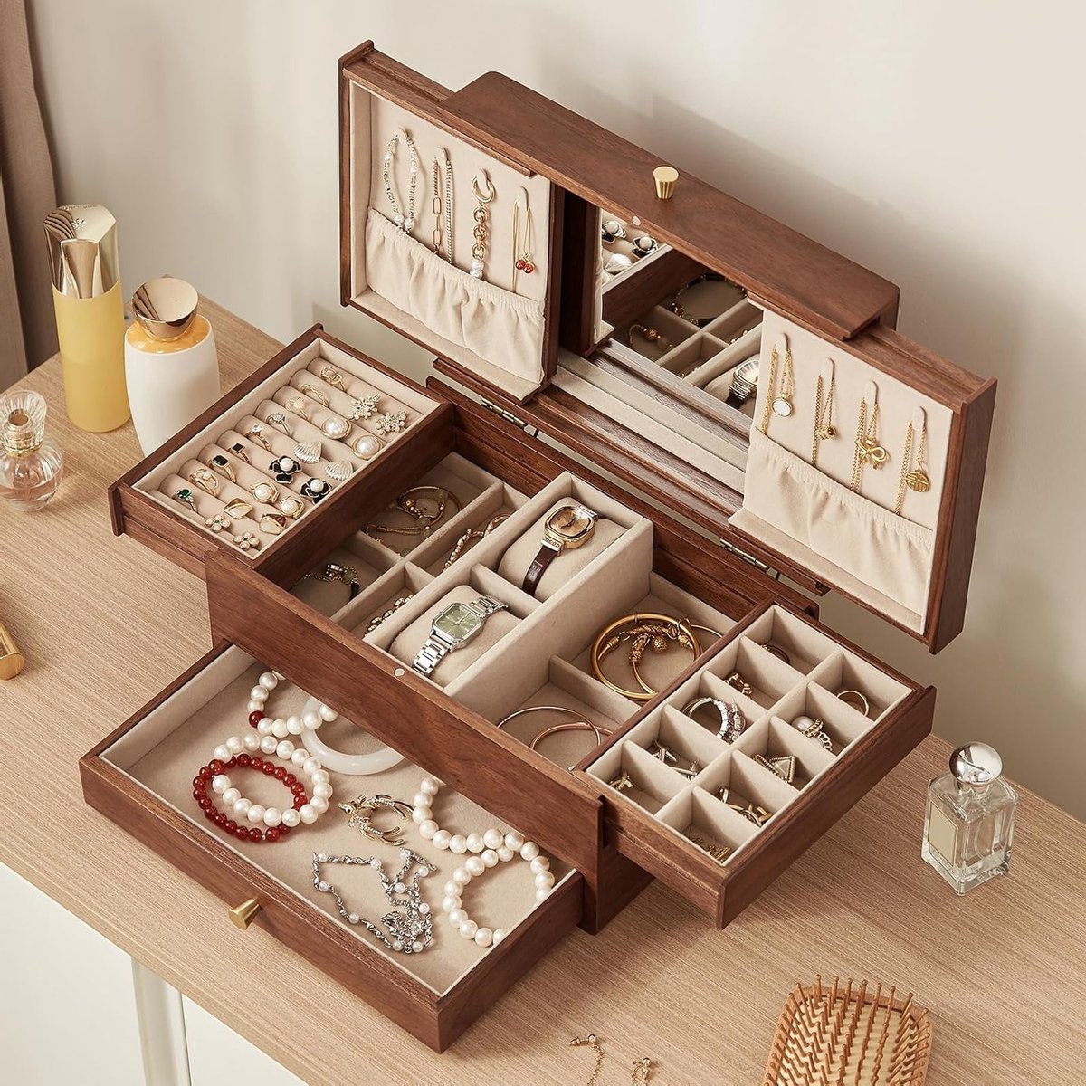 Grote Houten Sieradenbox met 3 Lagen, Uittrekbaar Ontwerp met Spiegel, Ideaal voor Horloges, Kettingen en Ringen