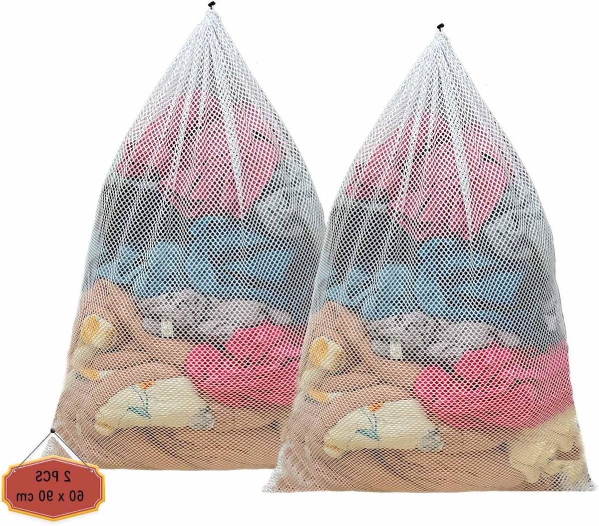 Waszakken 60x90cm, 2 Stuks, Mesh Waszakken voor Kleding, Ondergoed, Sokken en Babykleding, Duurzaam en Herbruikbaar met Trekkoord