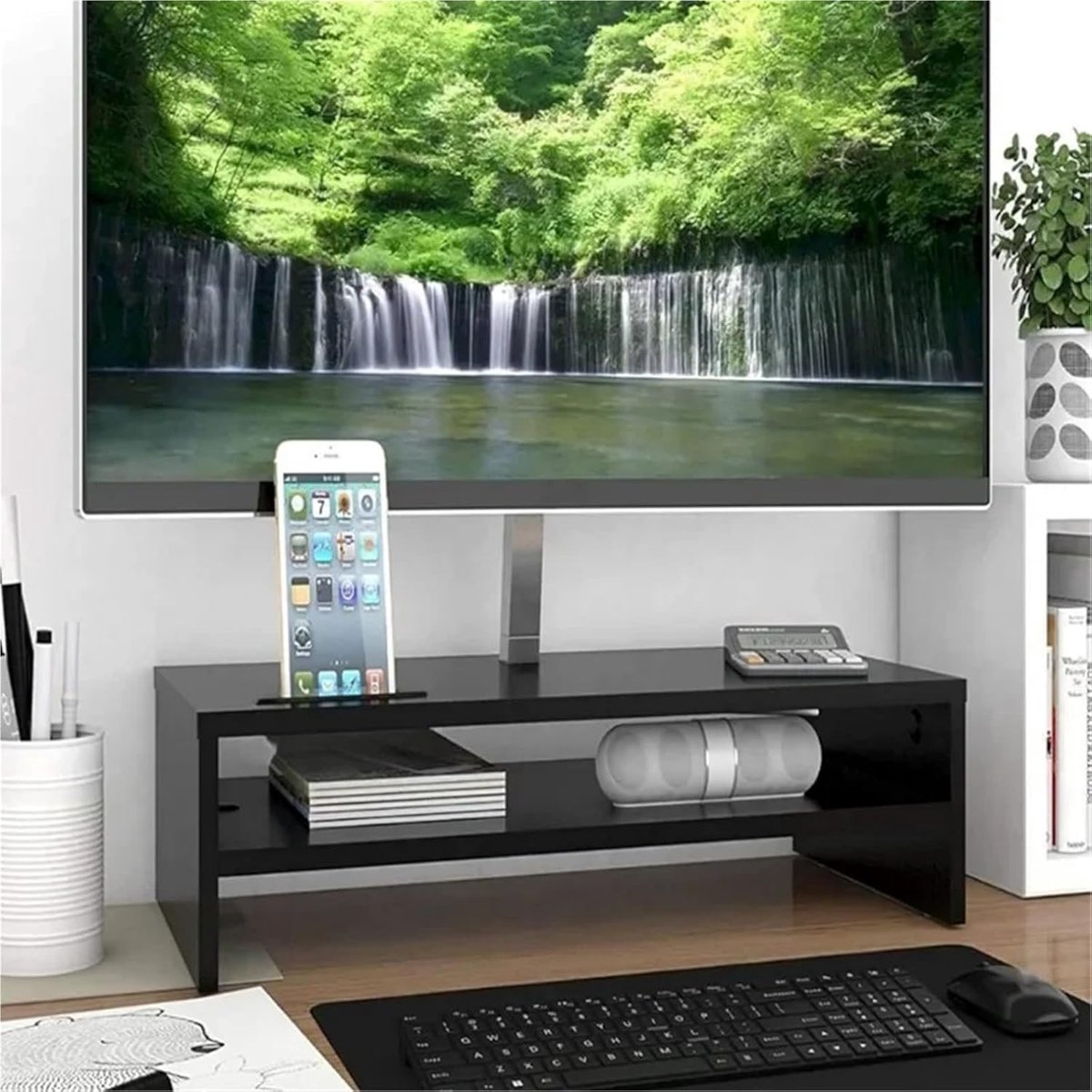 Monitorverhoger 2 Laags met Telefoonhouder en Kabelmanagement – Houten Bureau Monitor Stand Riser voor Laptop & Desktop Monitor – Ruimtebesparende Desktop Organizer – Zwart – Mobili Bella
