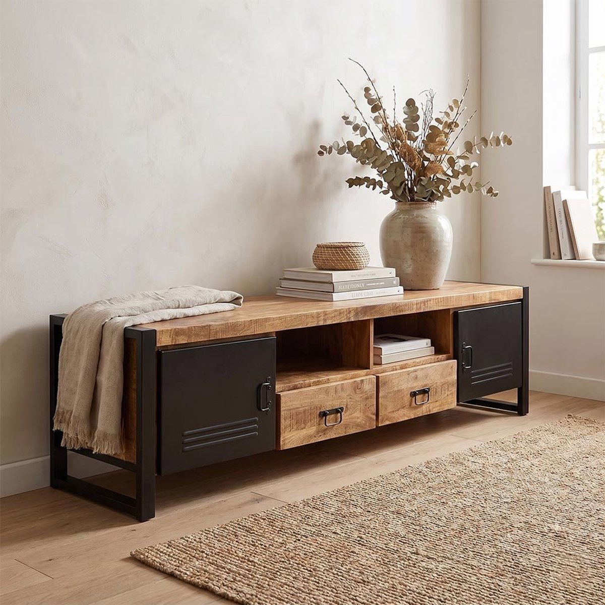 Mangohouten TV Meubel Birmingham 200 cm Mahom Industrieel - TV Meubel van Mangohout & Metaal - Industriële TV Meubel