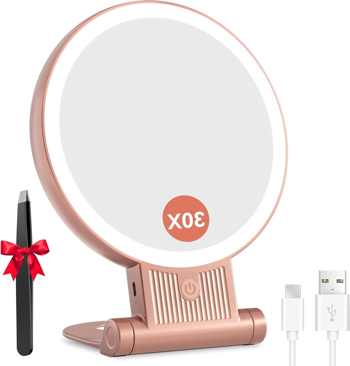 Cosmetische Make-up Spiegel met LED Verlichting, 30X/1X Vergrootspiegel, Draagbare Opvouwbare Tafelspiegel met 3 Instelbare Lichtkleuren en Oplaadbare Functie