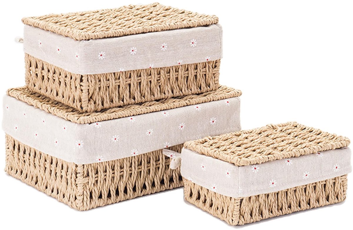 Dailygoody - OmGoods - Dailygoody - Opbergdoos - Opbergmanden - Met deksel en voering - Beige - Papiertouw - Multifunctioneel - Geschikt voor badkamer, slaapkamer, keuk