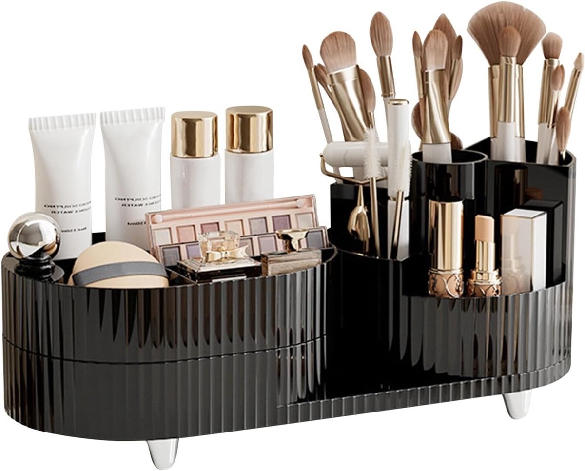 Grote Capaciteit Make-up Organizer met 360 Graden Rotatie en Laden - Make-up Borstelhouder voor Badkamer en Vanity (Zwart)