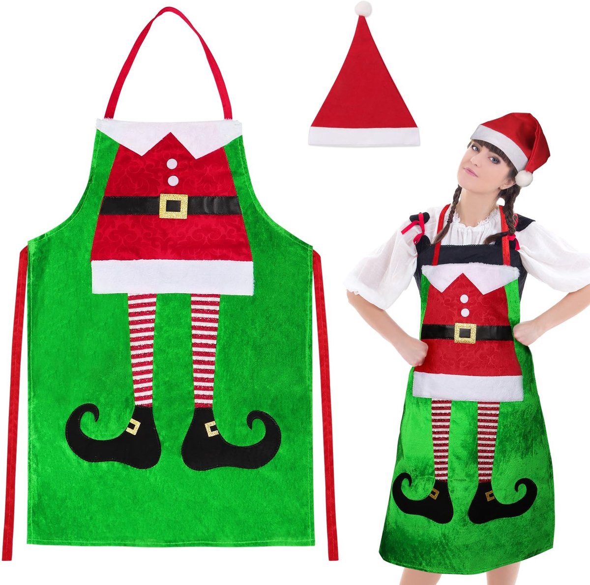 Dailygoody - Kerstmis schort en muts - Cosplay kostuum - Groen - Keuken stijl - Feestelijke decoratie - Perfect voor restaurants en cafés