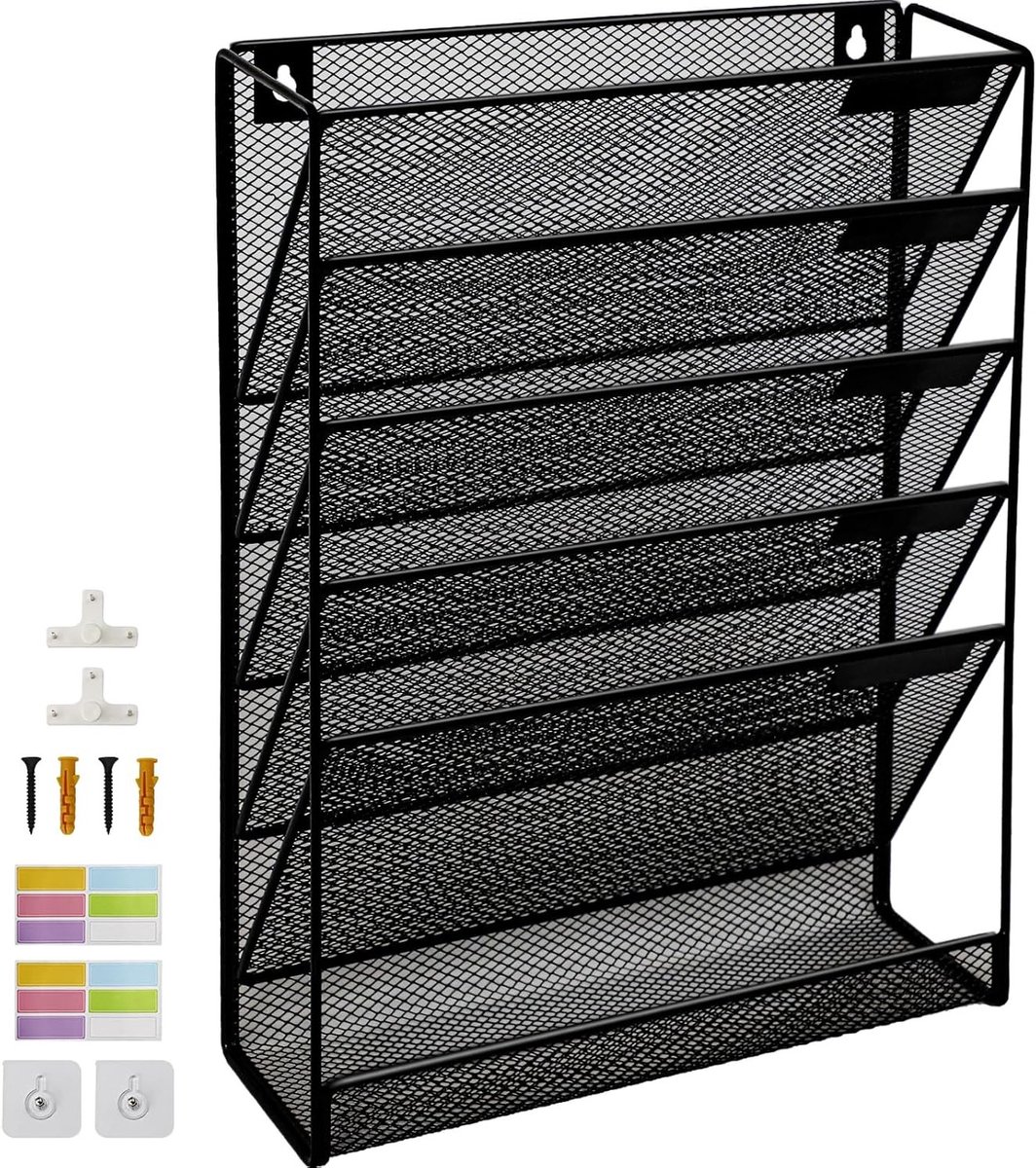 Zeslaags Mesh Wandbestandsorganizer met Onderste Tray, Verticaal Hangend Bestandenrek voor Kantoor, Tijdschriftenhouder en Naamlabel Haakjes Set