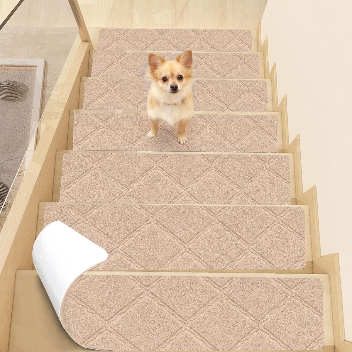 Set van 15 Zelfklevende Antislip Trapmatten voor Bescherming van Huisdieren en Kinderen (Beige, 76 x 20 cm)