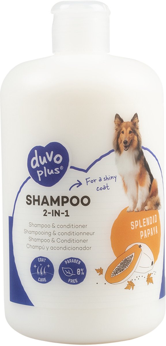 duvoplus hondenshampoo 2-in-1 - 500 ml - parabenen vrij - coat care - papaya - lekkere geur -