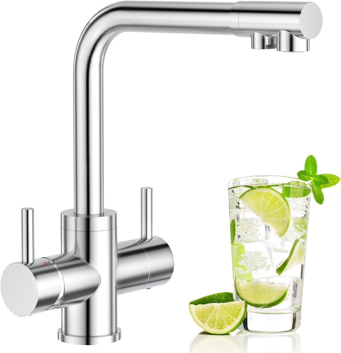 Keukenmengkraan met Dubbele Hendel en Drinkwaterkraan voor Waterfilter en Soda Water, Roestvrijstaal en Chroom Geplateerd