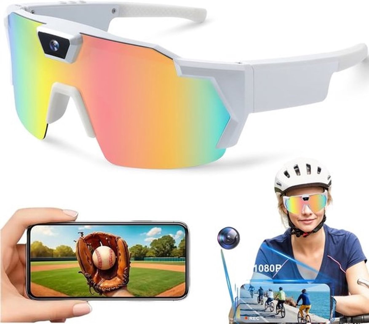 Slimme camerabril, outdoor sportbril met HD-video-opname, fietszonnebril, draagbare audio- en draadloze camera-/videorecorder, unisex (wit).