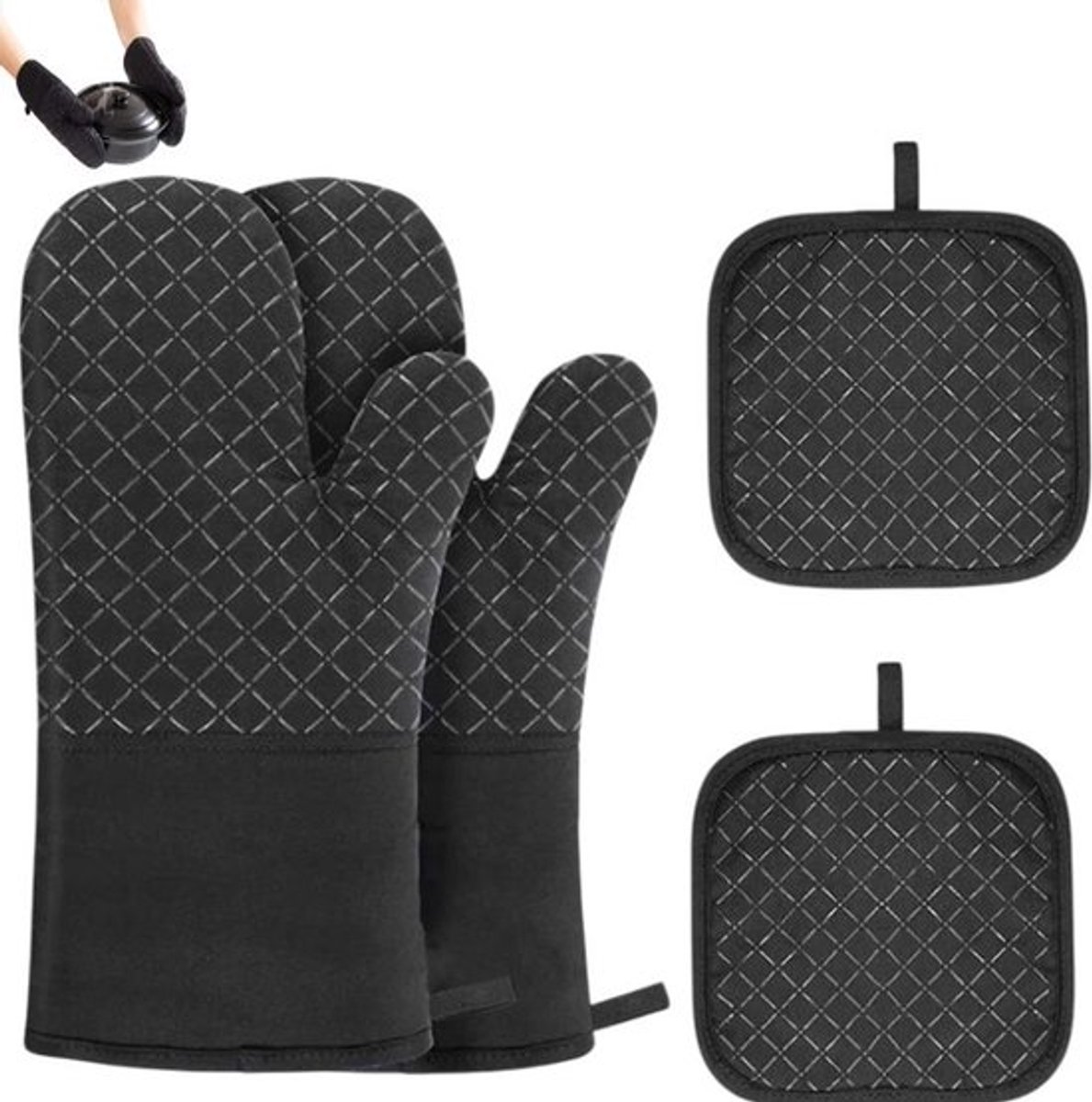 4 stuks-ovenwanten - Siliconen handschoenen - Warmte-isolatiemat - Brandhandschoenen - Geschikt voor bakken - Keuken - Koken - Zwart - Handschoenen 17*30cm - Warmte-isolatiemat 17,5*17,5cm