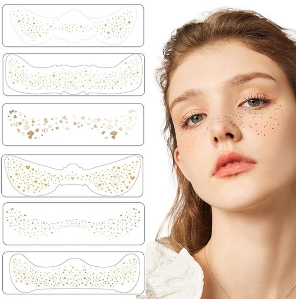 Pack van 6 Glitter Zomer Freckles Make-up Patches - Sprankelende Gezichtstatoeages (Goud)