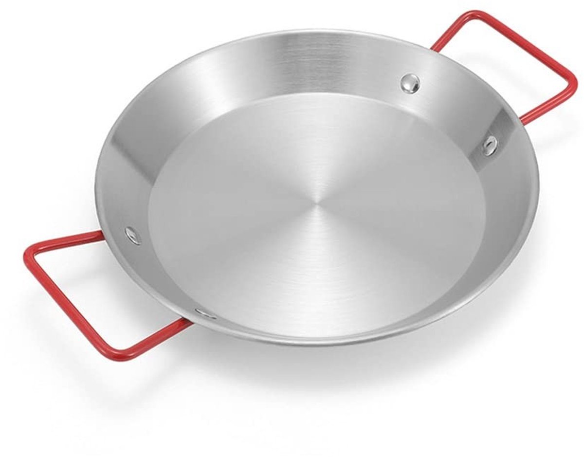 Dailygoods - Dailygoody - Paella Pan - Zeevruchten Pan - Draagbaar en Praktisch - Rood Handvat - Voor Spaanse Gerechten - Geschikt voor Camping
