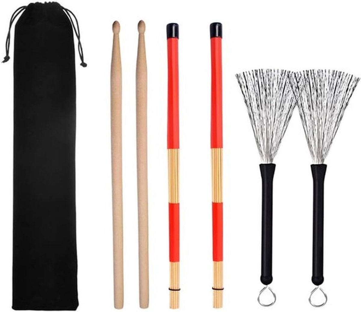 Complete Set Drumstokken en Borstels met Opbergtas voor Drummers