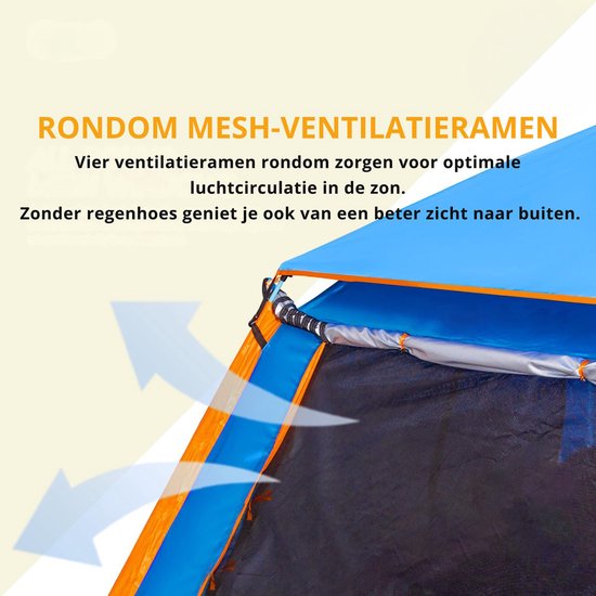 Webzon - Pop-up Tent 2-4 Personen - Automatische Waterdichte Kampeertent - Binnen 1 Minuut Opgezet - 210D Oxford - Met Muggengaas, Ventilatie & Draagtas - Voor Camping, Festival & Strand - Blauw — afbeelding 2