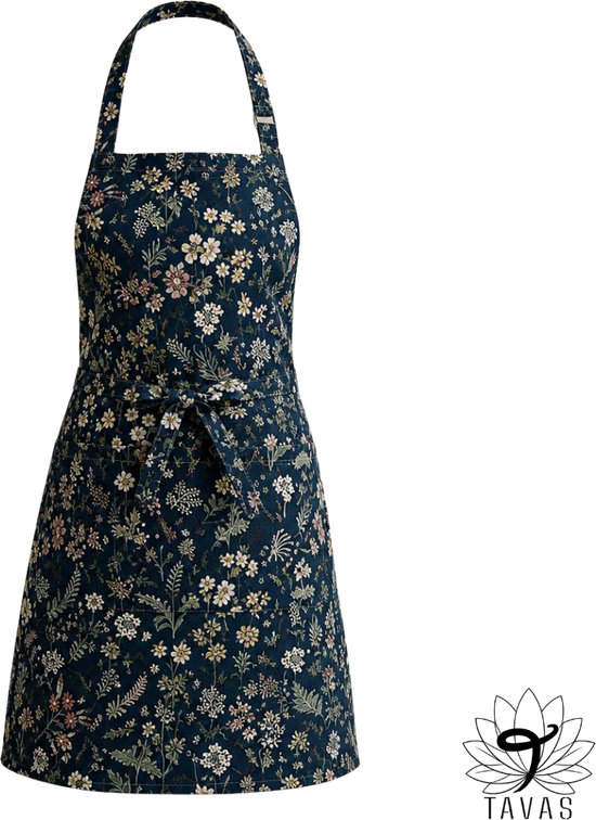 Tablier de cuisine Culinary - Fleurs bleu foncé - 60x80 cm - Tablier de cuisine avec poches et ceinture de 86 cm - Restauration - Tablier de cuisine femme - Tablier de cuisine homme