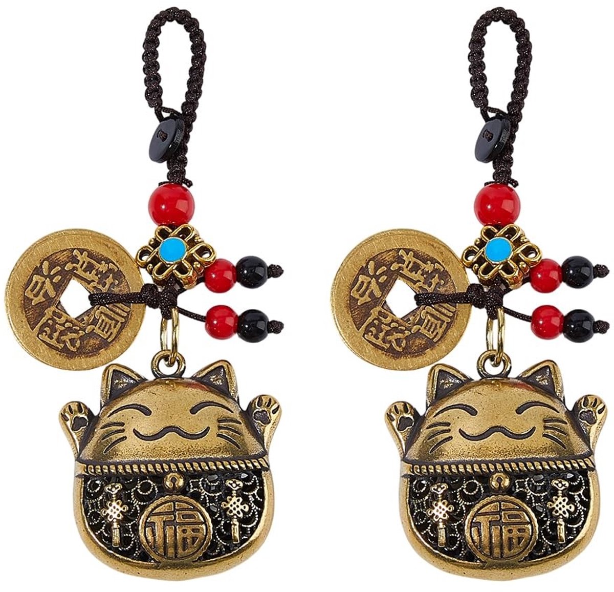 Dailygoods - Dailygoody - Maneki Neko Sleutelhanger - Feng Shui Geluk - Goud - Gelukskat - 2 Stuks - Perfect voor Decoratie en Cadeaus