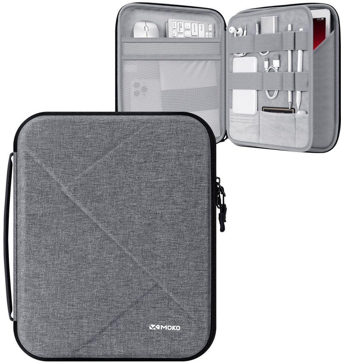 Dailygoods - Dailygoody - MoKo Tablethoes - Tablethoes 13 inch - Gevoerde handgreep - Grijs - Harde schaal - Geschikt voor iPad Pro en Galaxy Tab S8+/S9+ - 3 opber...