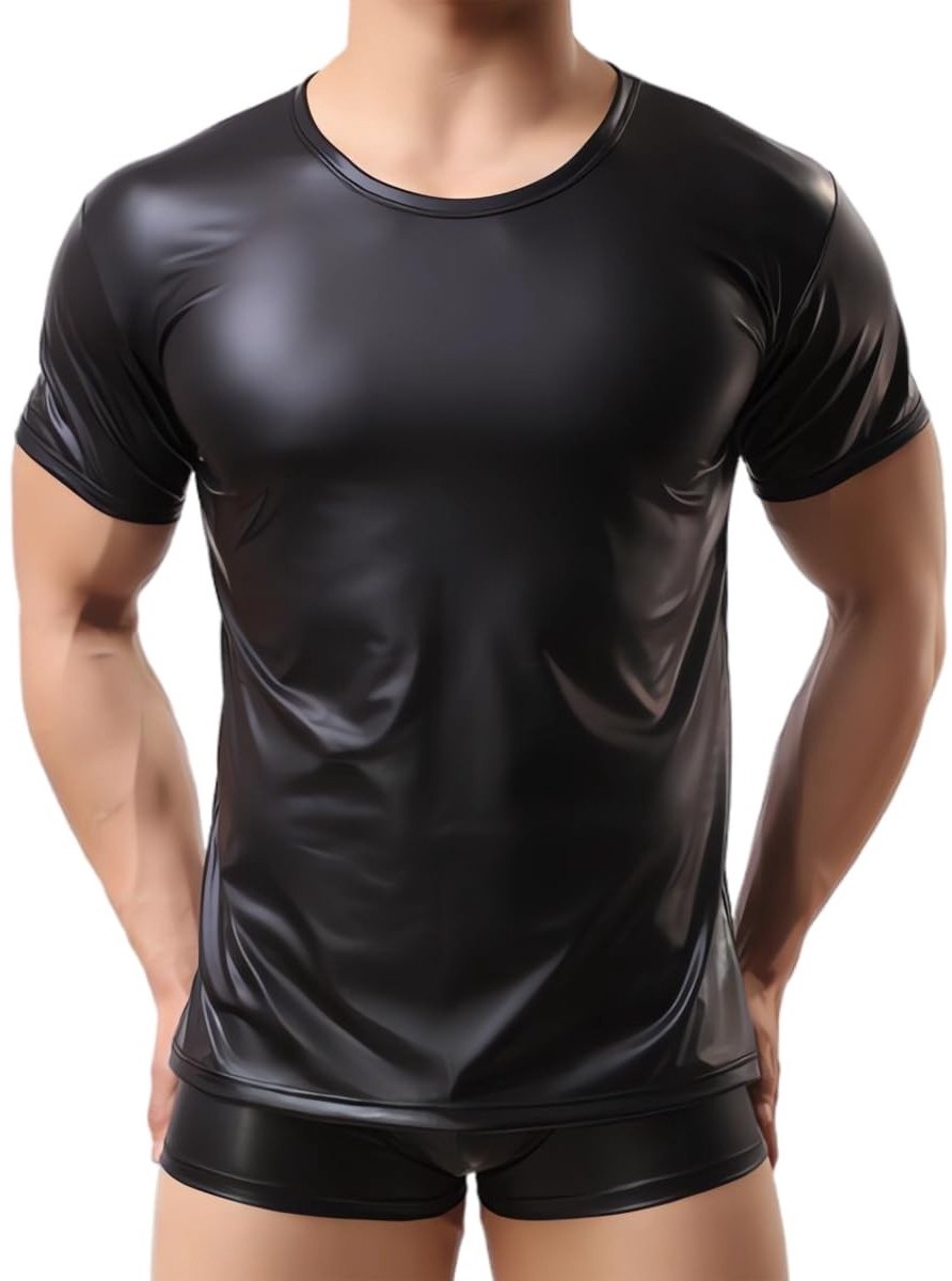 Metalen Tanktop van PVC Leer met Korte Mouwen en Ronde Hals voor Dans, Feest en Nachtleven - Slim Fit Zwart T-shirt voor Festivals en Disco's
