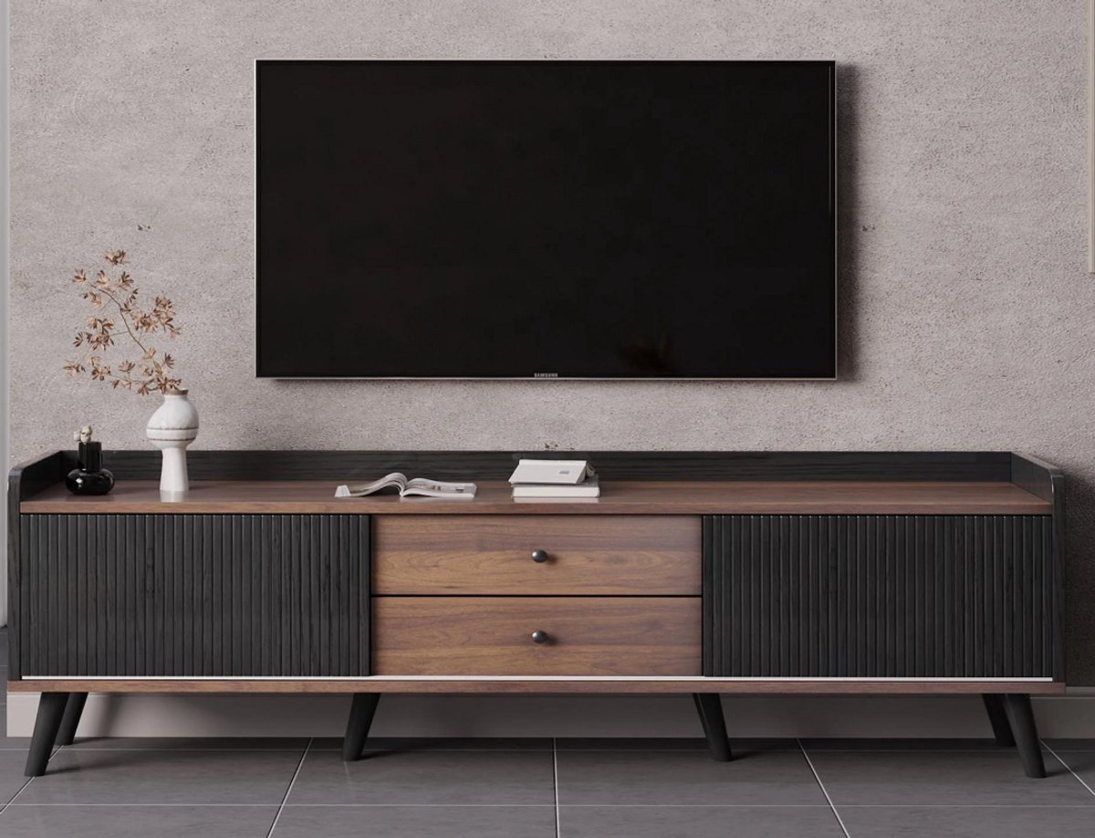 TV-meubel 160 cm Zwart en Hout met Schuifdeuren en Lades - Modern Design TV Kast met Opbergruimte - Furnitureland
