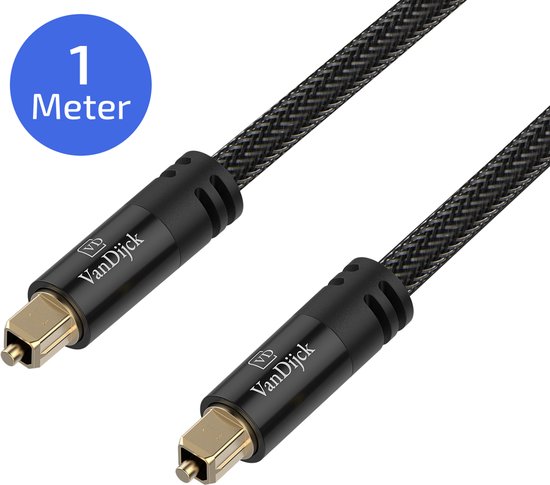 Twee zwarte VanDijck Toslink kabels van 1 meter lang, met gouden connectoren.