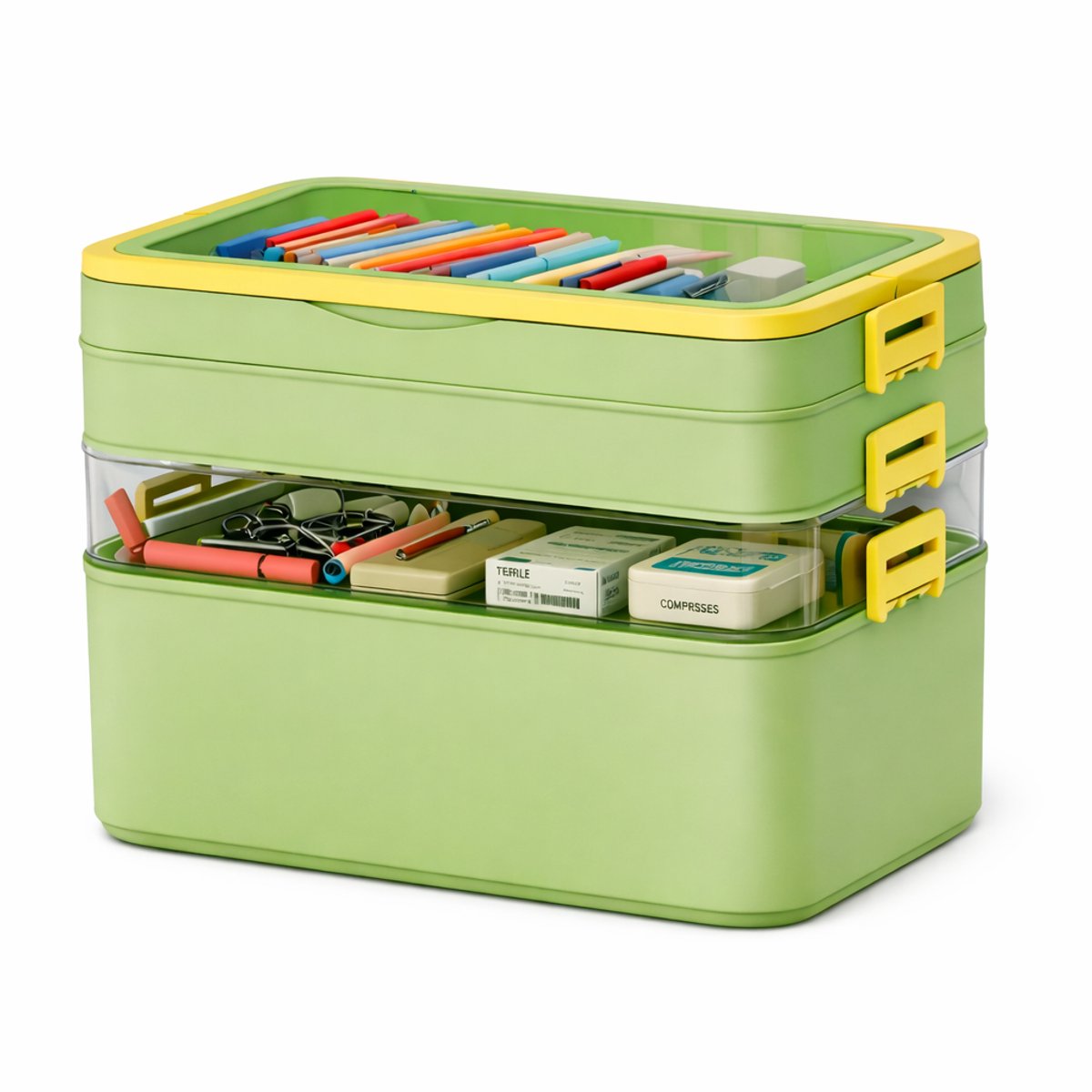Sterke stapbare Opbergbox - 4 lagen - Om allerlei spullen te ordenen - Multifunctioneel - Transparant Deksel - Dubbele Handgreep - Clipsluiting - 14 l - Groen/Geel - Sterk Materiaal - Stapelbare opbergdoos - Organizer - Opberger - Sorteerdoos