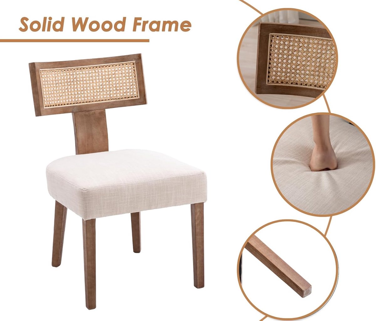 Scandinavische Rieten Eetkamerstoelen Set van 2 Beige Linnen Comfort Stoelen met Houten Frame en Curved Backrest 57,8x52x86,5 cm